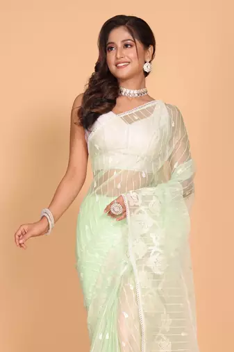 Orzanga stripe embroidery saree (green)