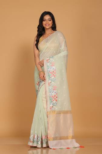 Cotton kota stripe embroidery saree(sea green)