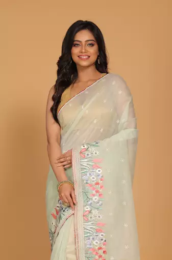 Cotton kota stripe embroidery saree(sea green)