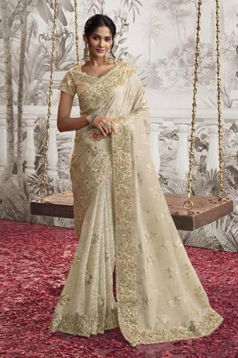 Off White Viscose Resham Embroidery Party Wear Designer Saree
