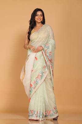 Cotton kota stripe embroidery saree(sea green) 3