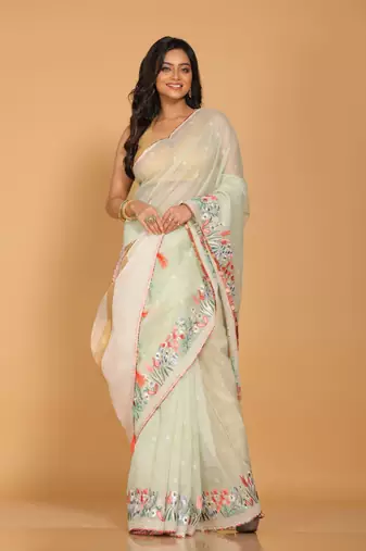 Cotton kota stripe embroidery saree(sea green)