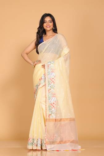 Cotton kota stripe embroidery saree(yellow)