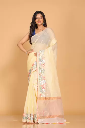 Cotton kota stripe embroidery saree(yellow)