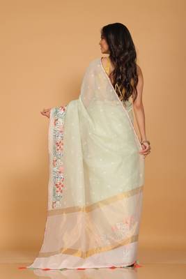 Cotton kota stripe embroidery saree(sea green) 4