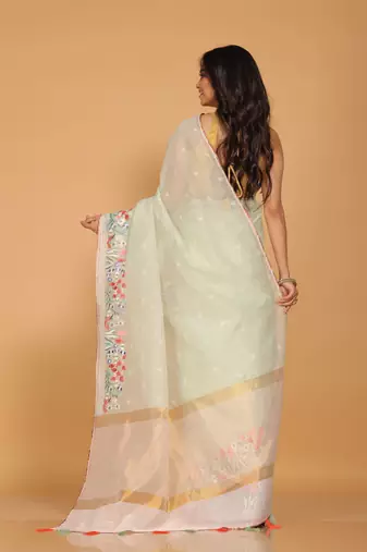 Cotton kota stripe embroidery saree(sea green)
