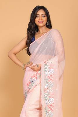Cotton kota stripe embroidery saree(pink) 1