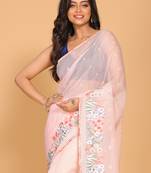 Cotton kota stripe embroidery saree(pink)