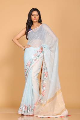 Cotton kota stripe embroidery saree(sky blue) 1