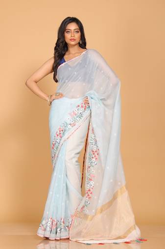 Cotton kota stripe embroidery saree(sky blue)