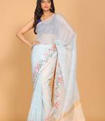 Cotton kota stripe embroidery saree(sky blue)