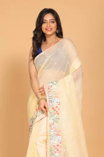 Cotton kota stripe embroidery saree(yellow)