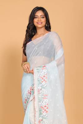 Cotton kota stripe embroidery saree(sky blue) 2
