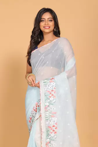 Cotton kota stripe embroidery saree(sky blue)