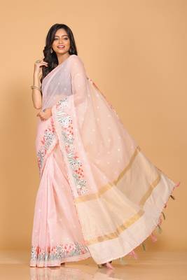 Cotton kota stripe embroidery saree(pink) 3