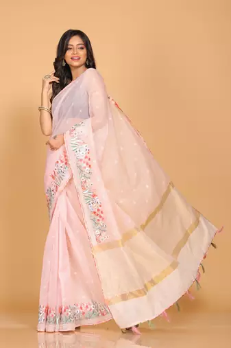 Cotton kota stripe embroidery saree(pink)