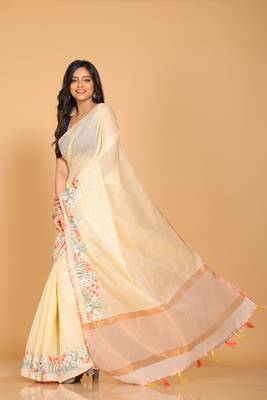 Cotton kota stripe embroidery saree(yellow) 3