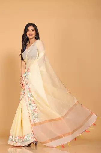 Cotton kota stripe embroidery saree(yellow)