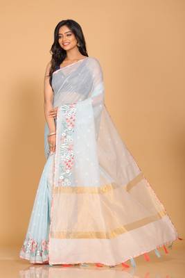 Cotton kota stripe embroidery saree(sky blue) 3