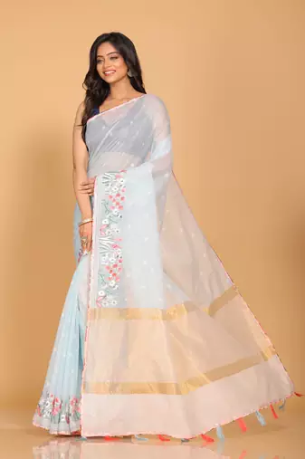 Cotton kota stripe embroidery saree(sky blue)