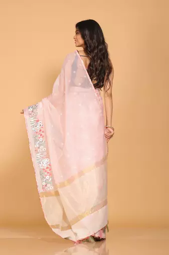 Cotton kota stripe embroidery saree(pink)