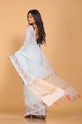 Cotton kota stripe embroidery saree(sky blue) 4