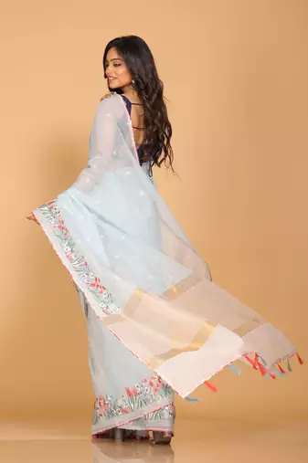 Cotton kota stripe embroidery saree(sky blue)