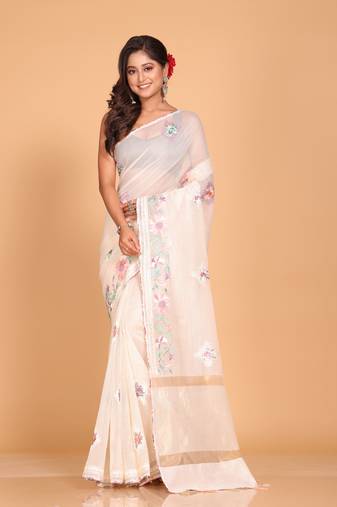 Cotton kota stripe embroidery saree (light yellow)
