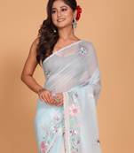 Cotton kota stripe embroidery saree (sky blue)