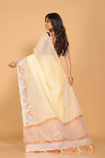 Cotton kota stripe embroidery saree(yellow)