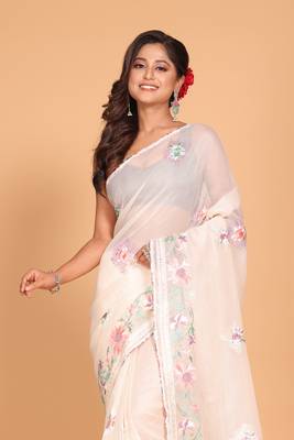 Cotton kota stripe embroidery saree (light yellow) 2