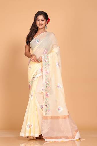 Cotton kota stripe embroidery saree (yellow)