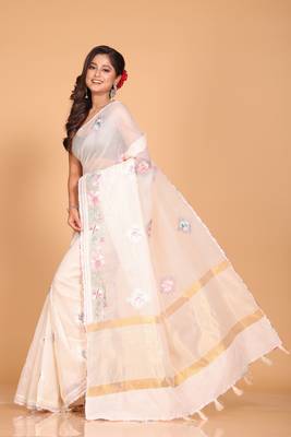 Cotton kota stripe embroidery saree (light yellow) 3