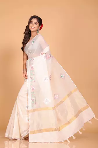 Cotton kota stripe embroidery saree (light yellow)