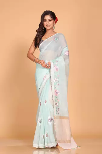 Cotton kota stripe embroidery saree (sea green)