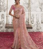 Light Peach Viscose Resham Embroidery Party Wear Designer Saree