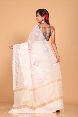 Cotton kota stripe embroidery saree (light yellow) 4