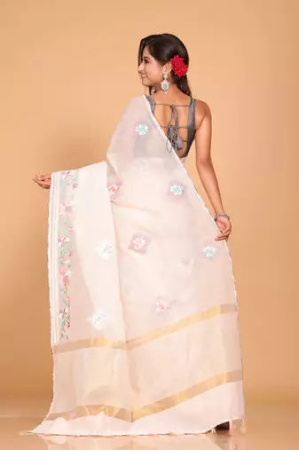 Cotton kota stripe embroidery saree (light yellow)