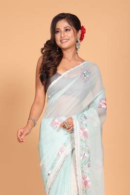 Cotton kota stripe embroidery saree (sea green) 2