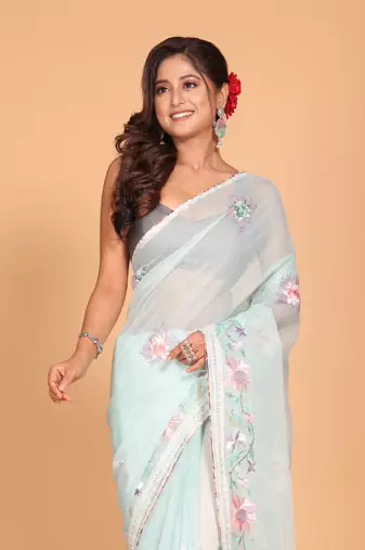 Cotton kota stripe embroidery saree (sea green)