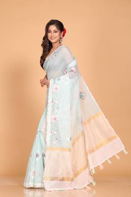 Cotton kota stripe embroidery saree (sea green) 3