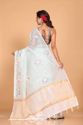 Cotton kota stripe embroidery saree (sea green) 4