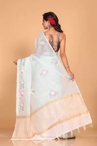 Cotton kota stripe embroidery saree (sea green)
