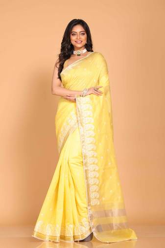 Cotton chendari embroidery saree (yellow)