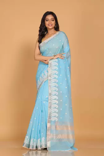 Cotton chendari embroidery saree (blue)