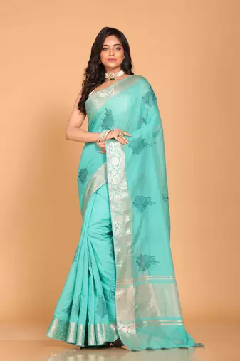 Cotton chendari embroidery saree (light green)