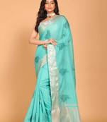 Cotton chendari embroidery saree (light green)