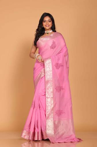 Cotton chendari embroidery saree (pink)