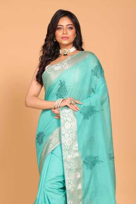 Cotton chendari embroidery saree (light green) 2