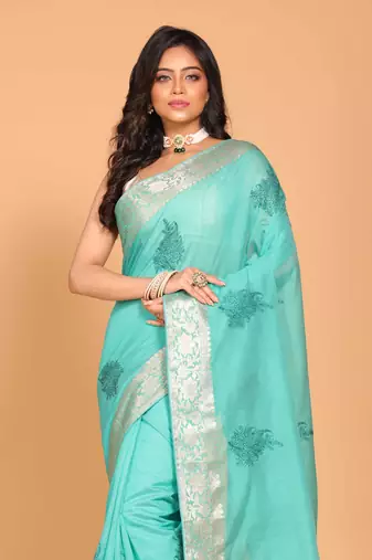 Cotton chendari embroidery saree (light green)